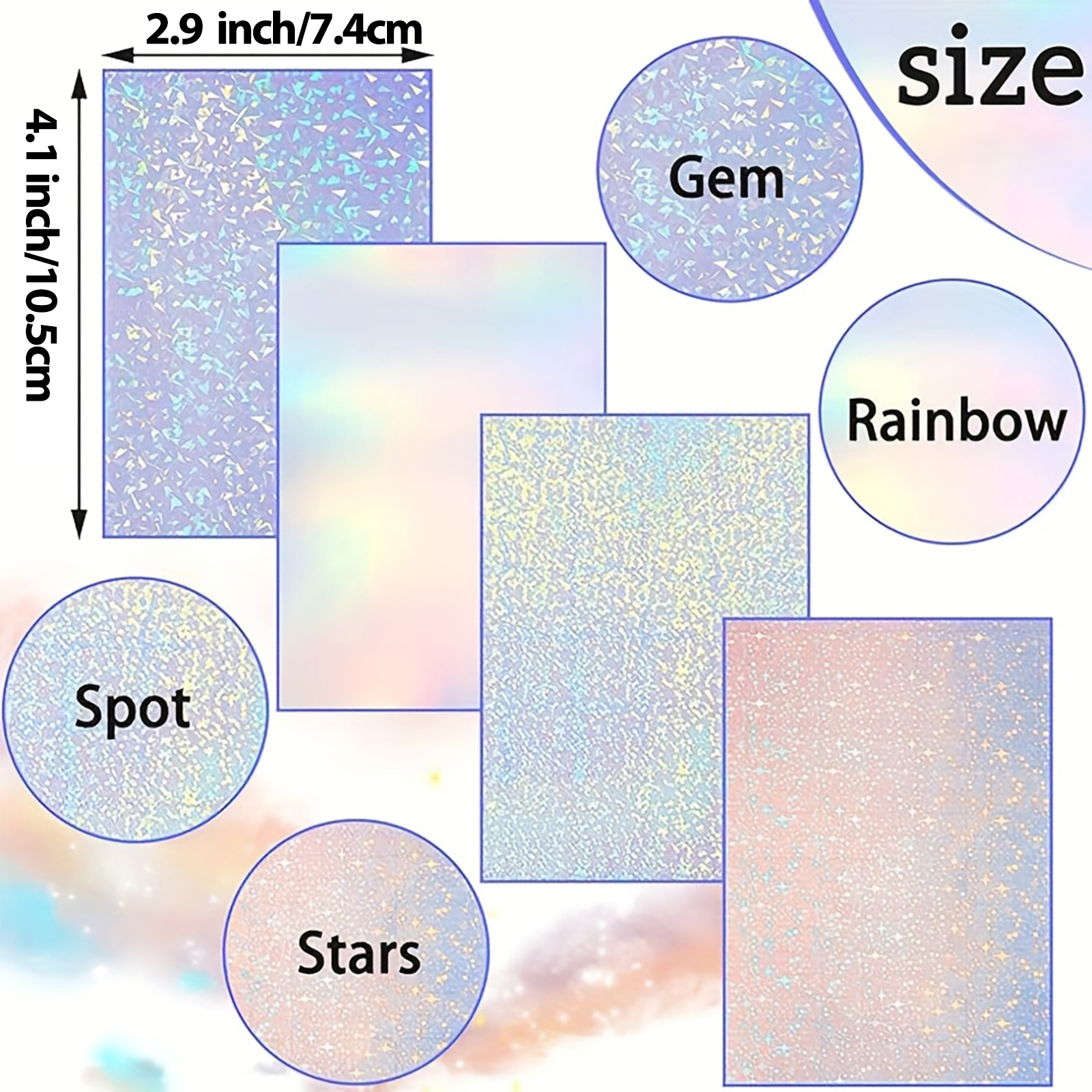 50 Sheets - 6 Style Holographic Sticker Paper - 2.9 x 4.1 Inch Overlay Cold Laminating Film Self Adhesive Vinyl Sheet