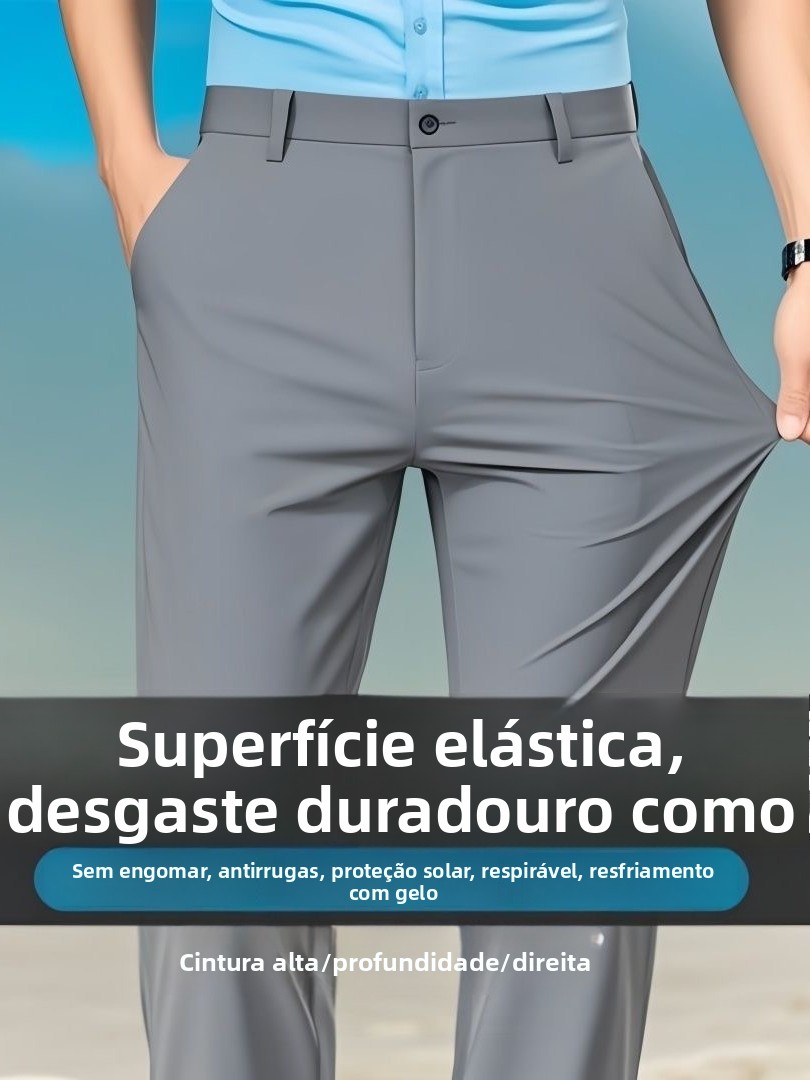 Calças Masculinas de Seda Gelada Ultrinas e as, Corte Reto Solto, de Alta Elasticidade para Uso Casual de Negócios
