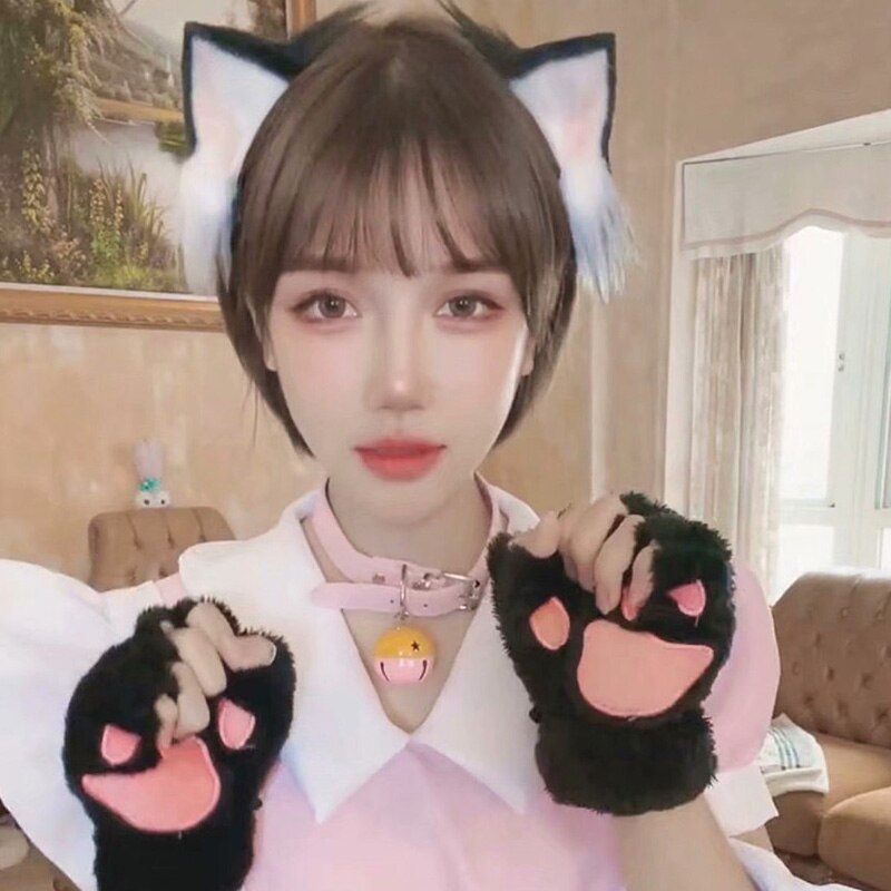 2個セット猫用手袋冬かわいい漫画女の子オープンフィンガーグローブベルヘッドバンドキツネ猫耳帽子