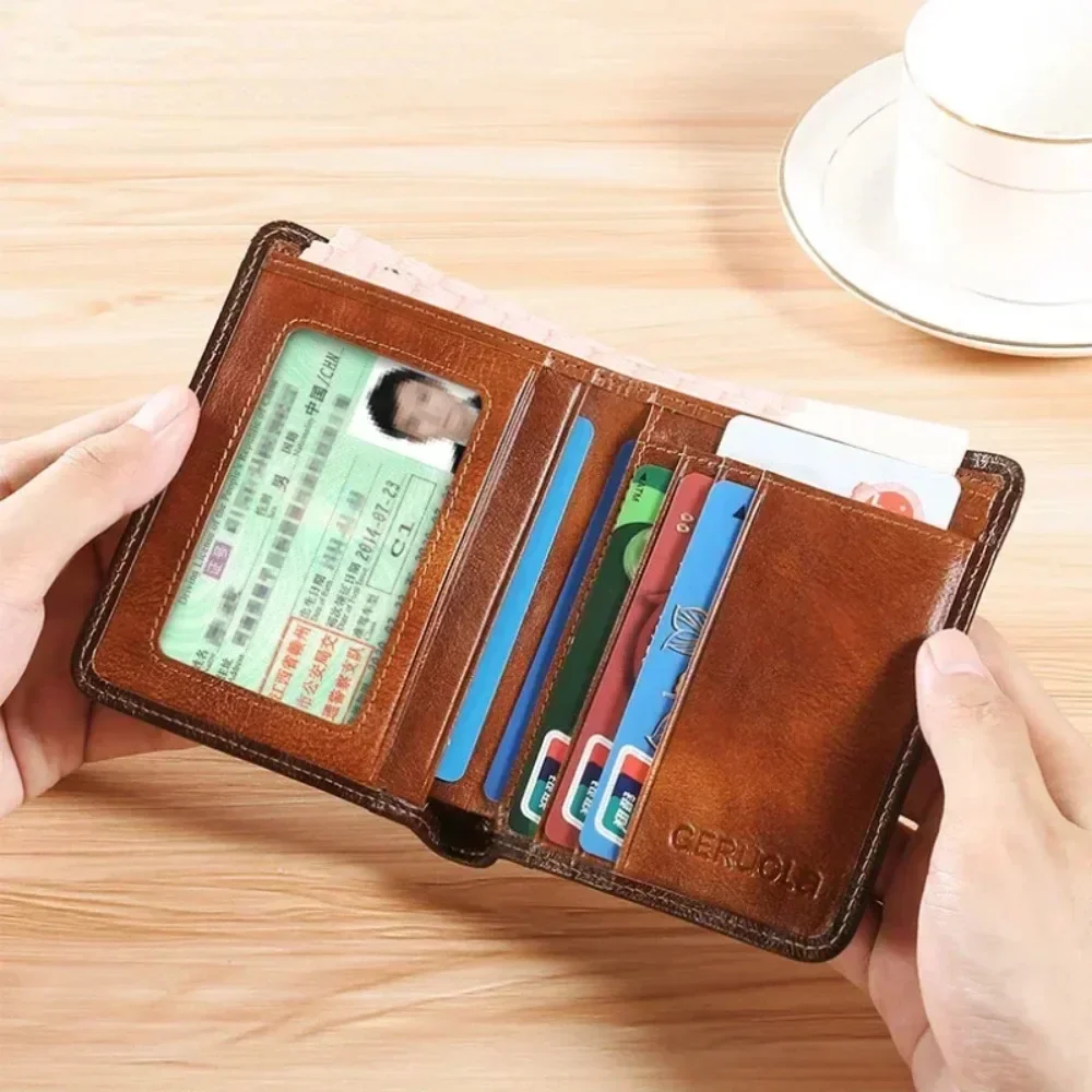 กระเป๋าสตางค์ผู้ชายหนังแท้ Rfid Blocking Trifold กระเป๋าสตางค์ Vintage บางสั้น Multi Function ID บัตรเครดิตผู้ถือกระเป๋าสตางค์ชายเงิน