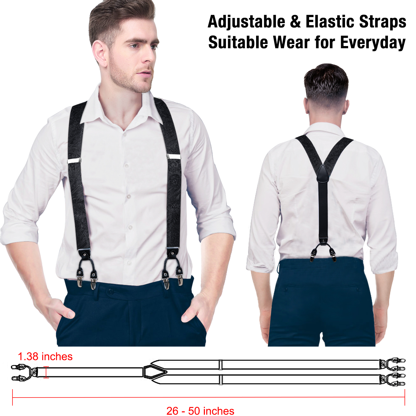 Heren Zwart Verstelbare Bretels Voorgebonden Vlinderdas Zijden Zak Sqaure Manchetknopen Mode 6 Mentale Clips Jacquard Paisley Strapes