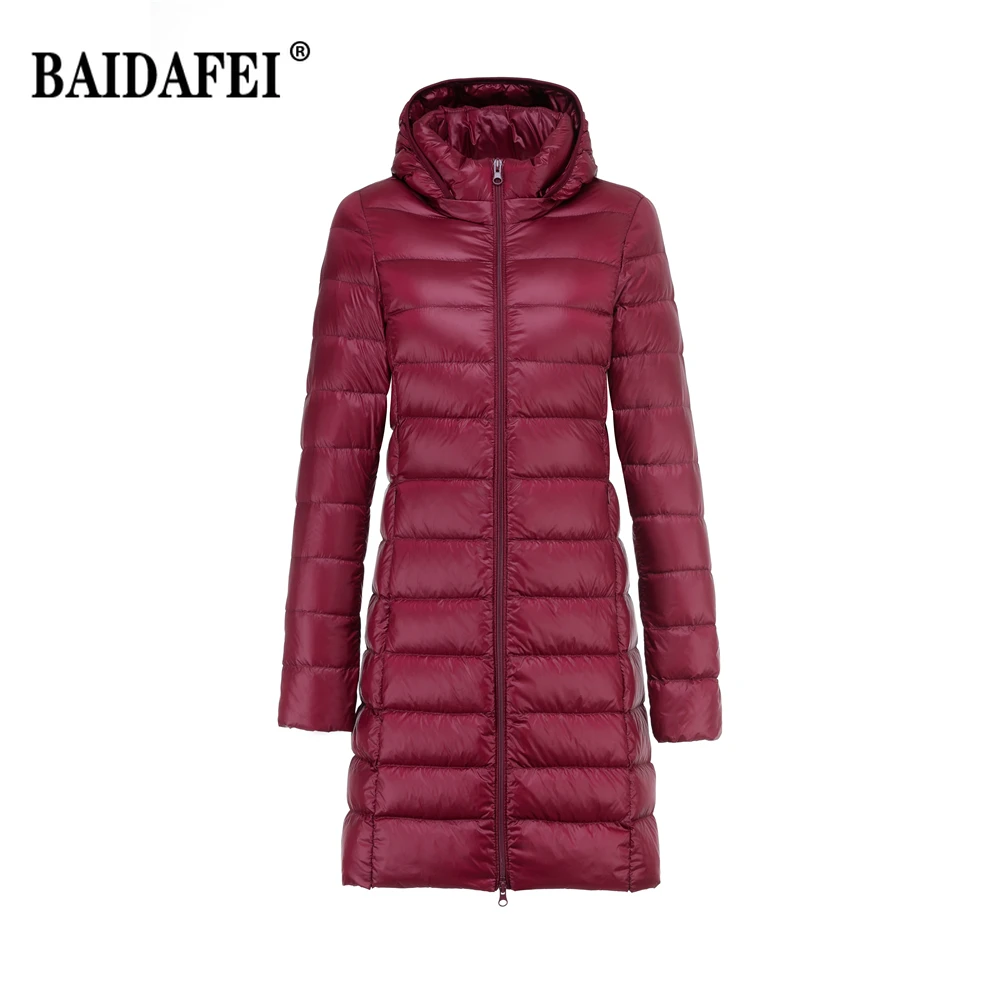 Damen bekleidung Frühling Winter leichte packbare lange Daunen jacken neue Kapuze abnehmbare weibliche tragbare flauschige Winter Puffer Mantel