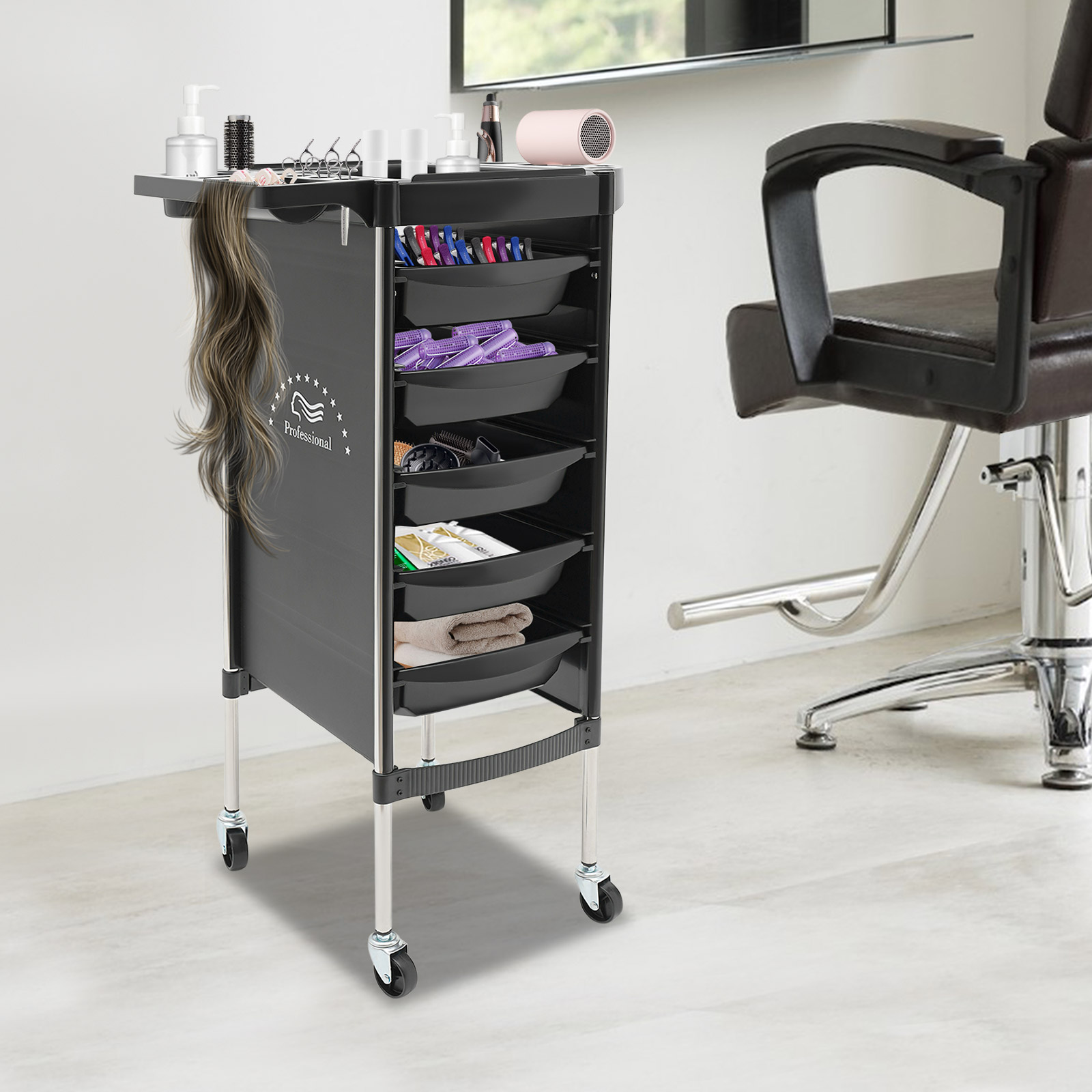 6-stufiger Salonwagen mit 5 Schubladen, multifunktionale Platte, 4 Rollen, Edelstahlkonstruktion für Friseurwerkzeuge