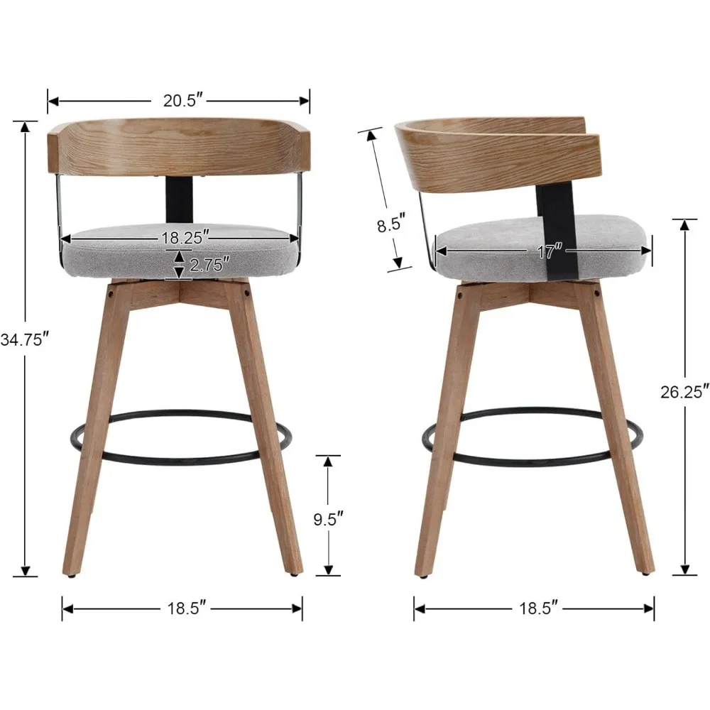 Modern Grey Linen Upholstered 360-Degree Swivel Bar Stool Set of 3 - 26" Counter Height with Footrest & Backrest - Ideal