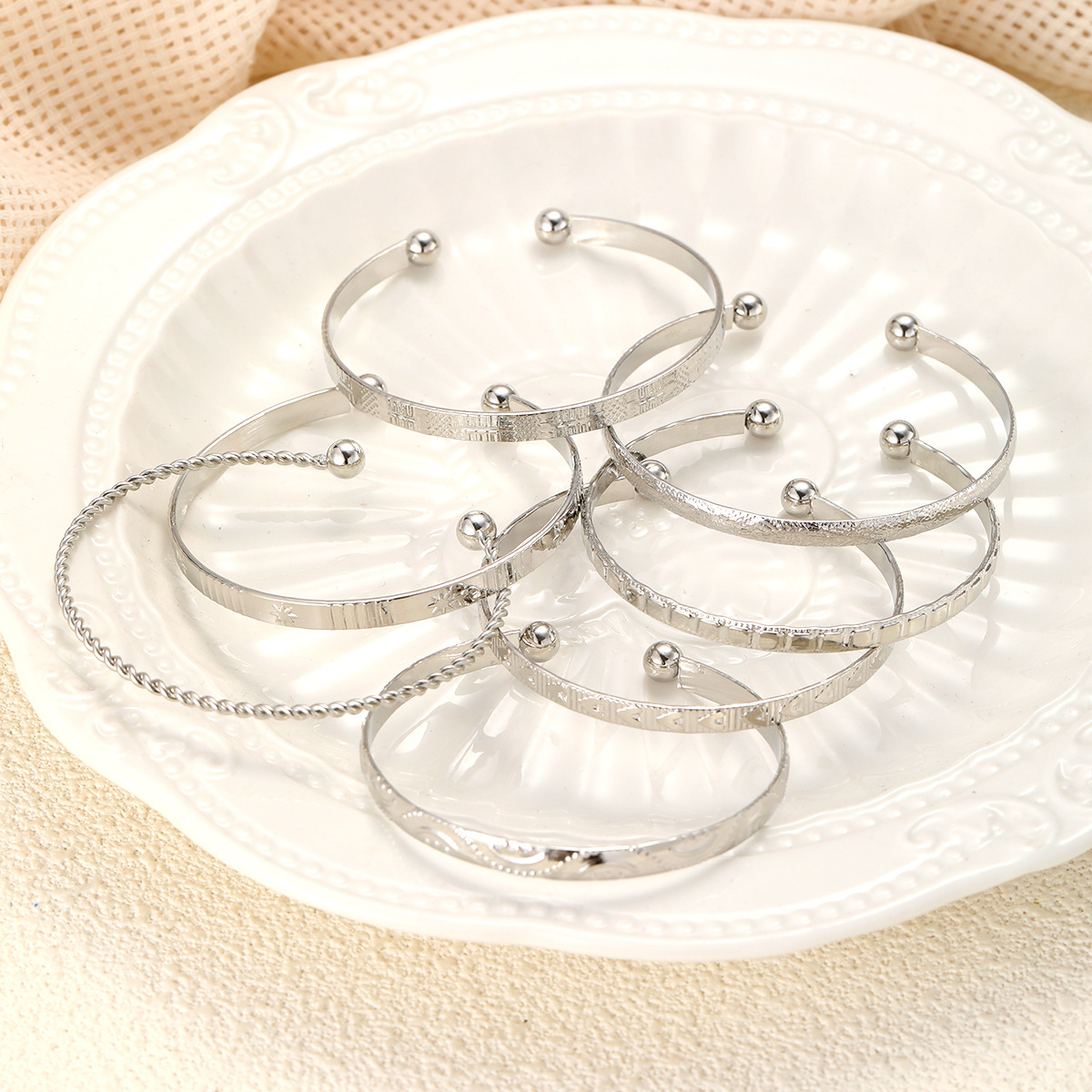 7 unids/set Retro oro tallado corazón hexágono estrella giros apertura geométrica brazalete conjunto mujer brazalete pulsera joyería de moda