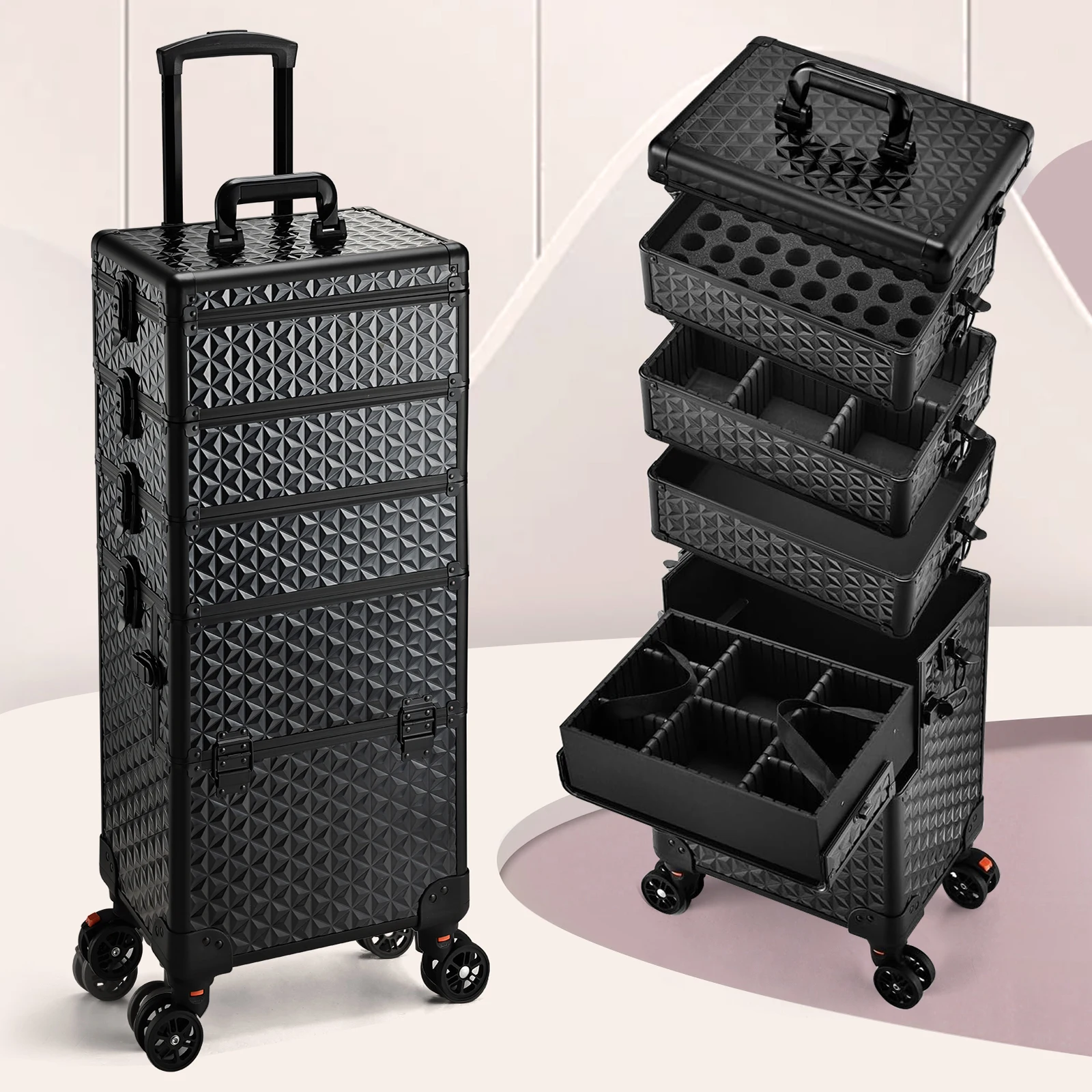 Professioneller Make-up-Zugkoffer auf Rädern, extra großer Kosmetikkoffer, rollender Make-up-Koffer, Trolley, Make-up-Organizer mit Rädern