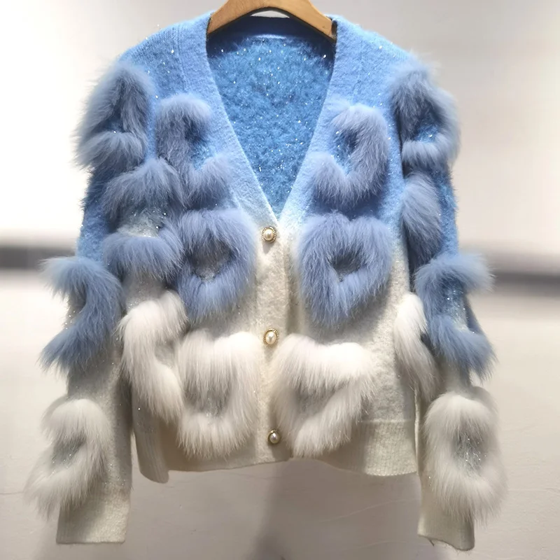 Frauen schöne V-Ausschnitt lose gestrickte Strickjacke mit echtem Fuchs Pelz besatz lose Liebe genäht weibliche Langarm warm Hit Farbe Pullover