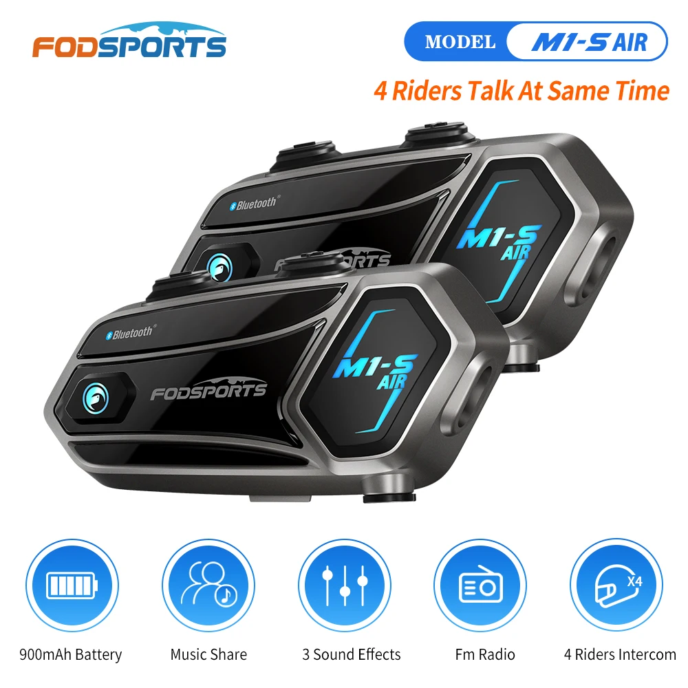 Fodsports-オートバイ用のBluetoothヘッドセットM1-S Air,ヘルメット用の通信デバイス,4人のモーターサイクリストのグループ用のハンズフリーキット,範囲1000m,FMラジオ,2個