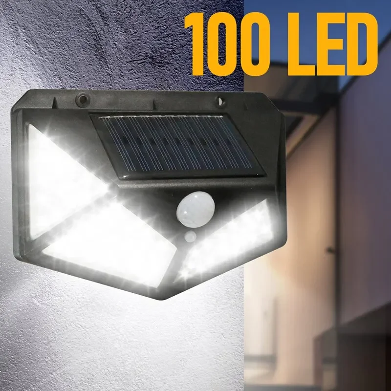 100 LED 태양 벽 램프 모든 측면 빛나는 모션 센서 인간 유도 안뜰 방수 계단 야외 벽 조명