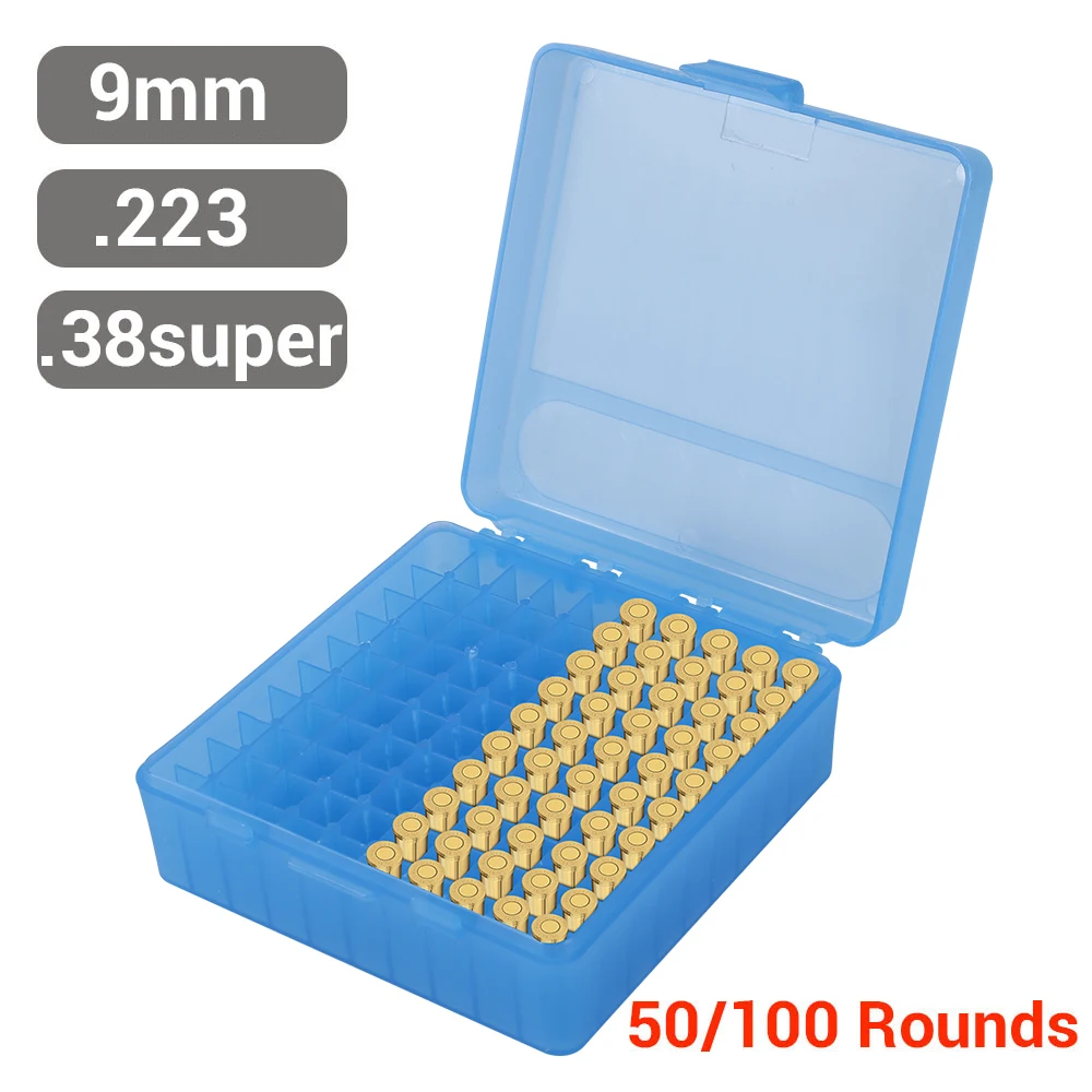 50/100 Rounds Tactical Bullet Box 9mm/.223/.38Super Pistol Rifle Ammo Carry Storage Box Flip-Top Bullets Case Hunting Accessory