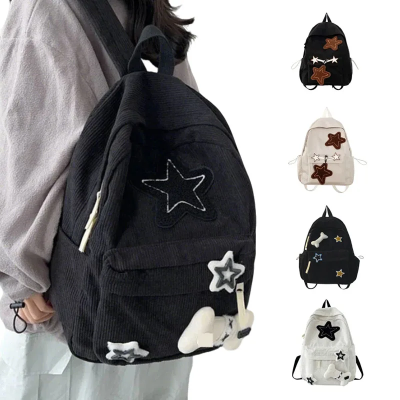 Y2K 걸스 스타 패턴 노트북 배낭 십대 학생 대용량 학교 Bookbag 코듀로이 배낭 더블 스트랩 숄더 백