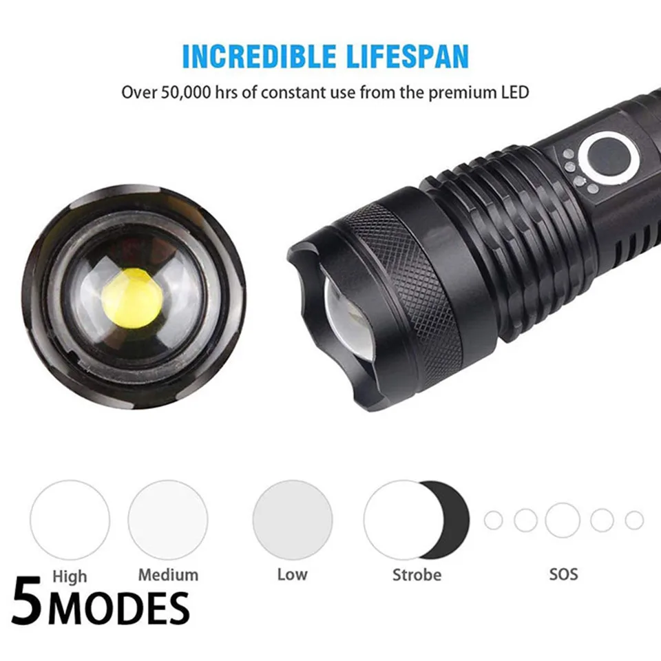 Linterna xhp70 Linterna LED recargable más potente Zoom USB 18650 Batería 26650 Antorcha El mejor uso para acampar, al aire libre y emergencias