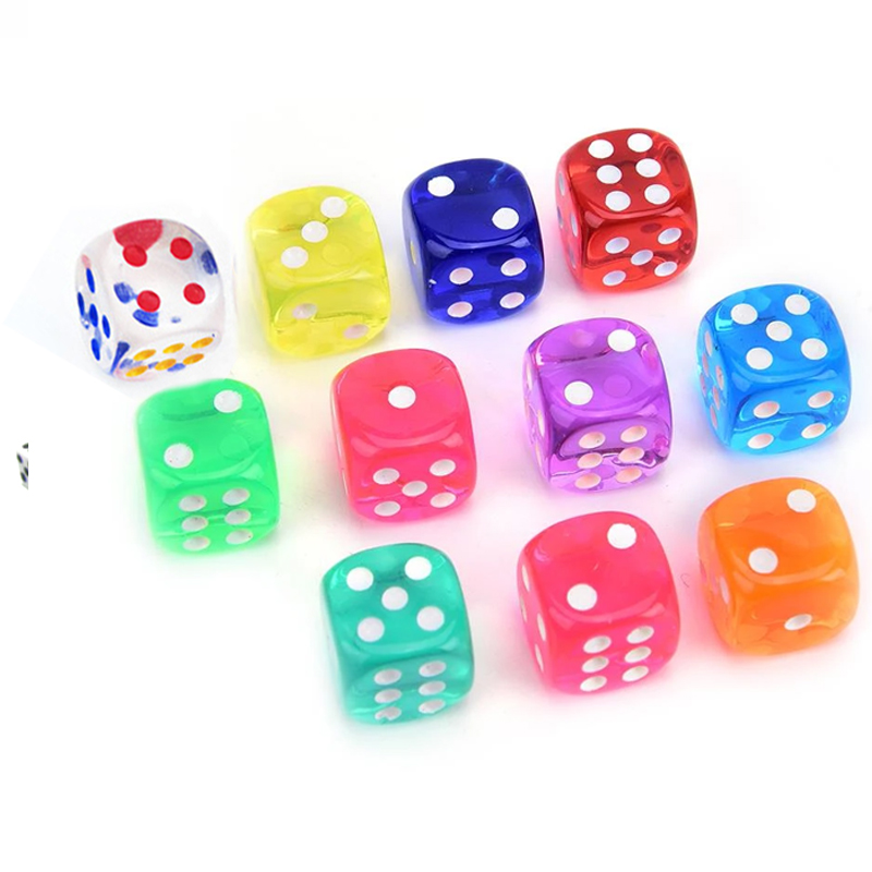 10 unids/lote 12mm acrílico transparente 6 caras D6 dados de punto para Club/fiesta/juegos de mesa familiares 10 colores dados de ángulo redondo transparente