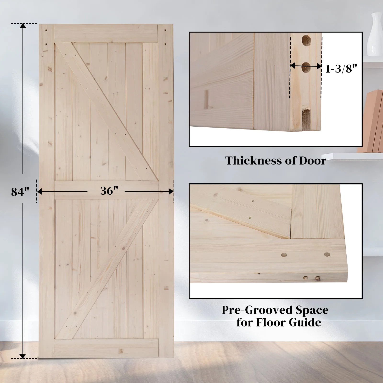 36 in. x 84 in. Unfinished Sliding Barn Door ，K Frame，Solid Spruce Wood，Requires Simple DIY Assembly
