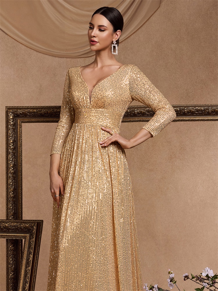 Lucyinlove Luxury V Neck Long Sleeves Blue Sequins Formal Evening Dress Women 2024 Wedding Party Prom Maxi Cocktail Dress Gowns