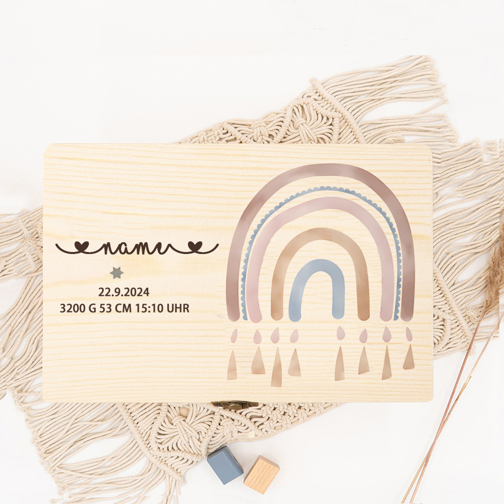 Personalized Wooden Rainbow Memory Box Baby Birth Gift Wooden Storage Memory Boxes Newborn Baptism Gifts Custom Infant Keepsake