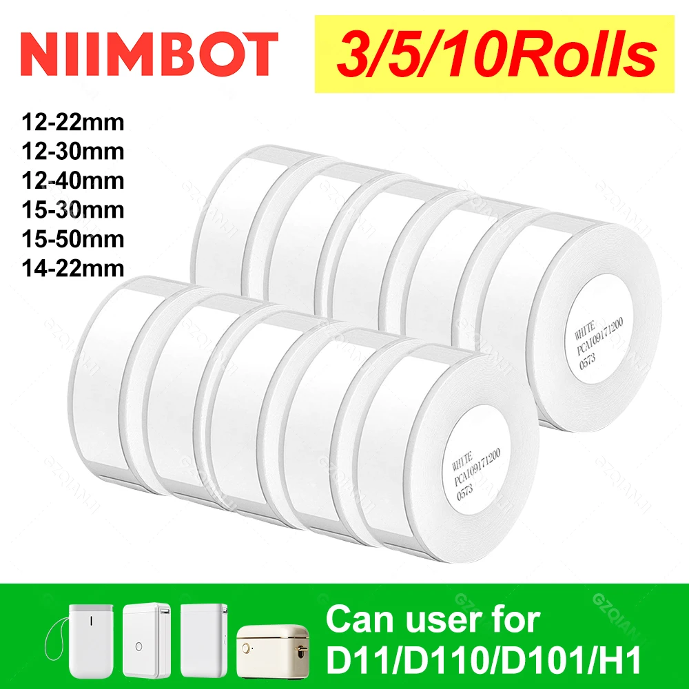 Niimbot D11 D101 D110 Rolos de papel adesivo de etiqueta oficial Vários tamanhos de papéis de etiqueta de cor branca 3 5 10 rolos para uso de impressora