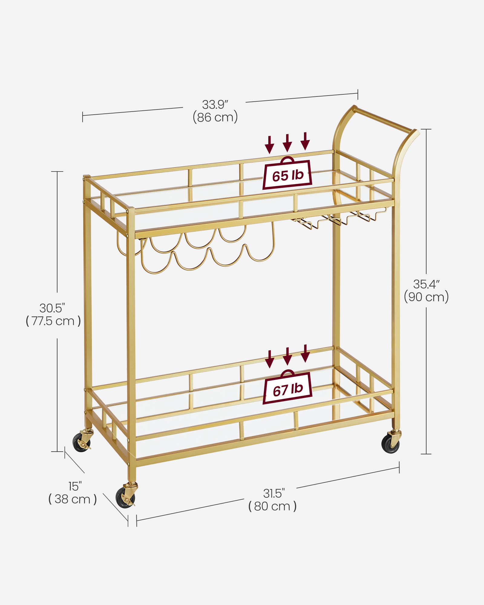 VASAGLE Drinks Trolley, Bar Cart, Serving Trolley with 2 Mirrored Shelves, Wine Holders, Glass Holders