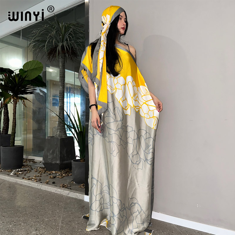 Winyi neuen Stil Seide lose afrikanische Frauen Kleidung Dubai muslimischen Dashiki Kaftan Mode druck Design mit Schal lose Strand kleid