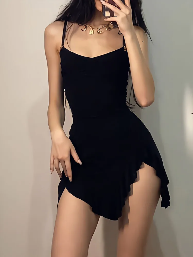 Mini vestido sem mangas sem costas para mulheres, vestido A-Line, Split Dobras, pulseira elegante, streetwear preto, moda sexy, verão, novo