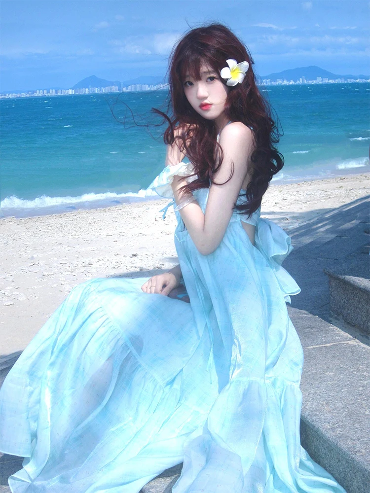 夏の妖精ロングドレスネックハンギングストラップレディースドレス写真撮影センセーション休暇ビーチ高級感Aラインスカート