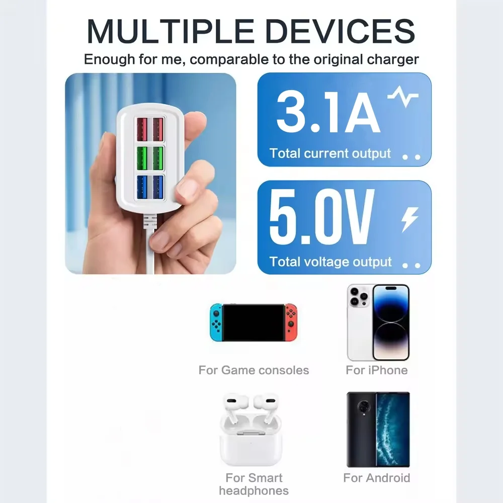 6 Caricabatterie USB Presa multipla Ricarica rapida universale Spina UE/USA Adattatore per caricabatterie per telefono Presa elettrica Cavo di prolunga Presa da tavolo