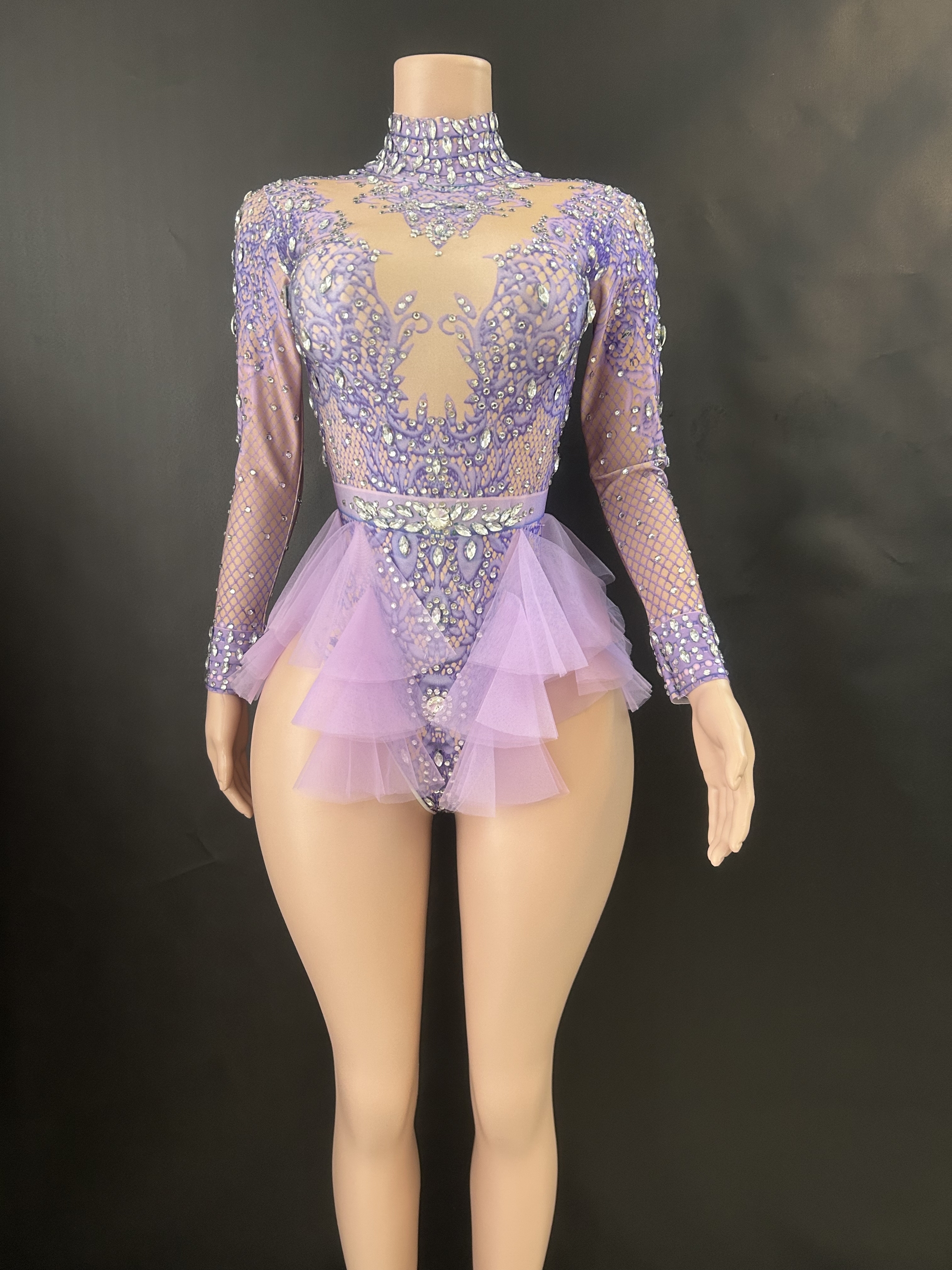 Sparkly Rhinestones บอดี้สูทผู้หญิง ElasticPink ตาข่าย Ruffles คริสตัล Leotard NightclubDancer เครื่องแต่งกายสวมใส่ชุดปาร์ตี้ 7G