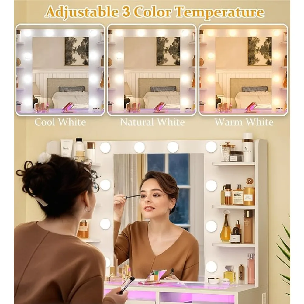 Vanity Desk with Mirror and Lights Makeup Vanity Desk with Lights 3 Colors Transparent Top Vanity with 2 RGB Drawers