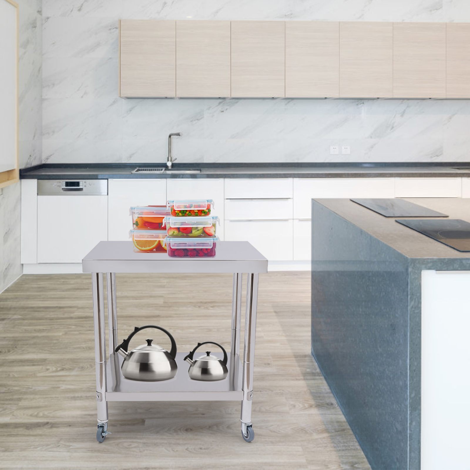 Mesa de trabalho de aço inoxidável, bancada de duas camadas com quatro rodízios práticos para preparação de alimentos e armazenamento de itens