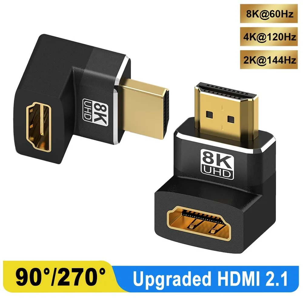 Adaptador HDMI de 90 y 270 grados, HDMI 2,1 8K @ 60hz 2,0 4K @ 120hz 2K Adaptador HDMI L de ángulo recto para HDTV PS4 PS5 Lapto