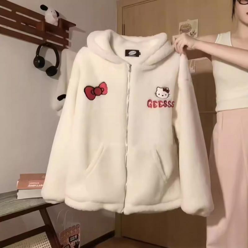 Heiße Kawaii Sanrios Hellokitty Mit Kapuze Sweatshirt Mädchen Herbst Winter Nette Lose Strickjacke Verdickt Paar Casual Vielseitige Jacke