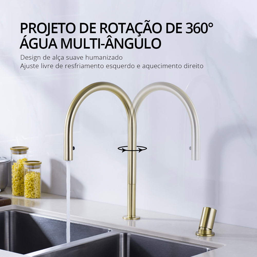 Torneira de cozinha de ouro escovado, misturador de spray invisível, furo duplo, alça única, latão sólido, quente e frio, pia separada