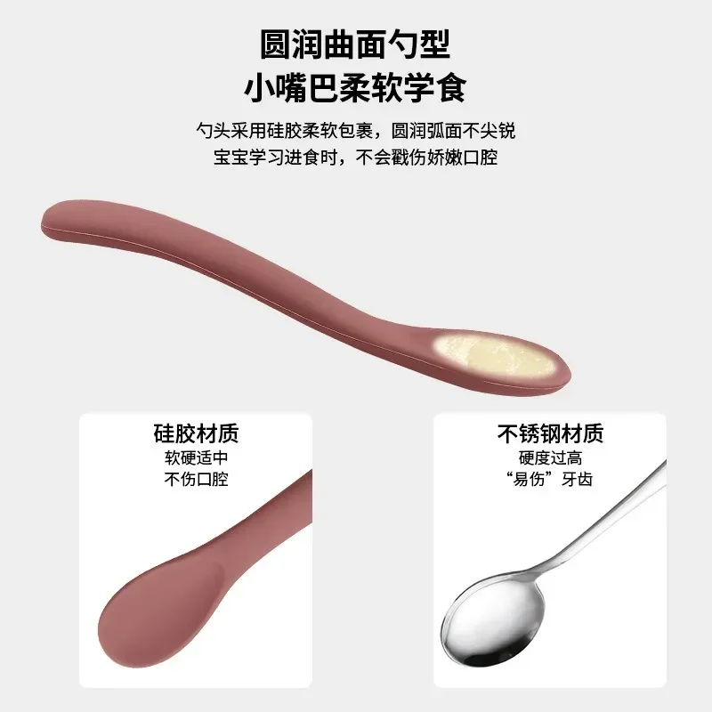 Cuchara de silicona para aprender a comer para bebé, cubertería pequeña curvada de goma suave, cubertería de entrenamiento para bebé