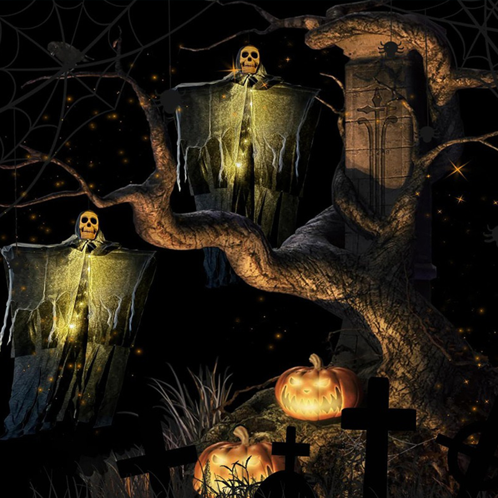 Halloween Glowing Skull Skeleton Gauze Hanging Ghost Home Outdoor Garden Decoration Halloween Party Horror Ghost Props