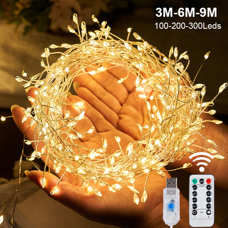 Guirnalda de luces LED de petardo con alimentación USB de 3/6/9M, guirnalda de luces con Control remoto para boda, fiesta, jardín, decoración navideña
