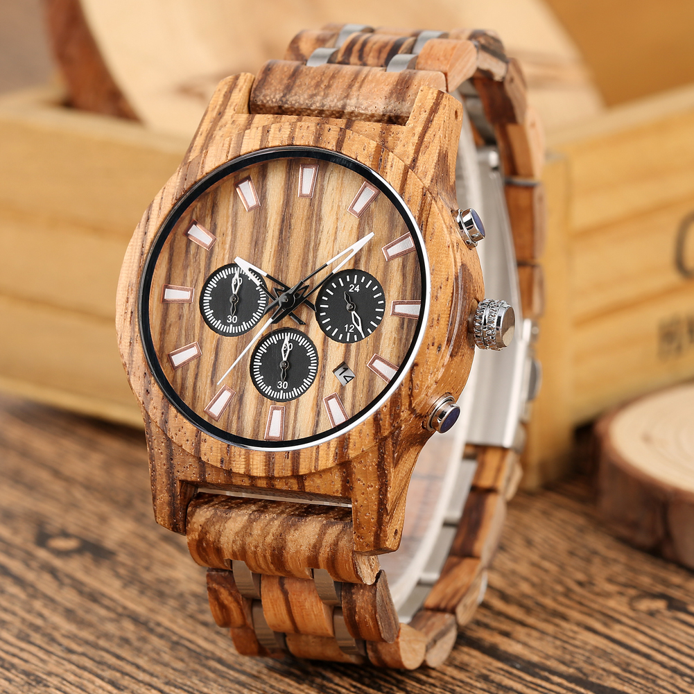 Reloj de pulsera de cuarzo de acero inoxidable para parejas, cronógrafo de madera de lujo con fecha automática, estilo antiguo, zebrawowood