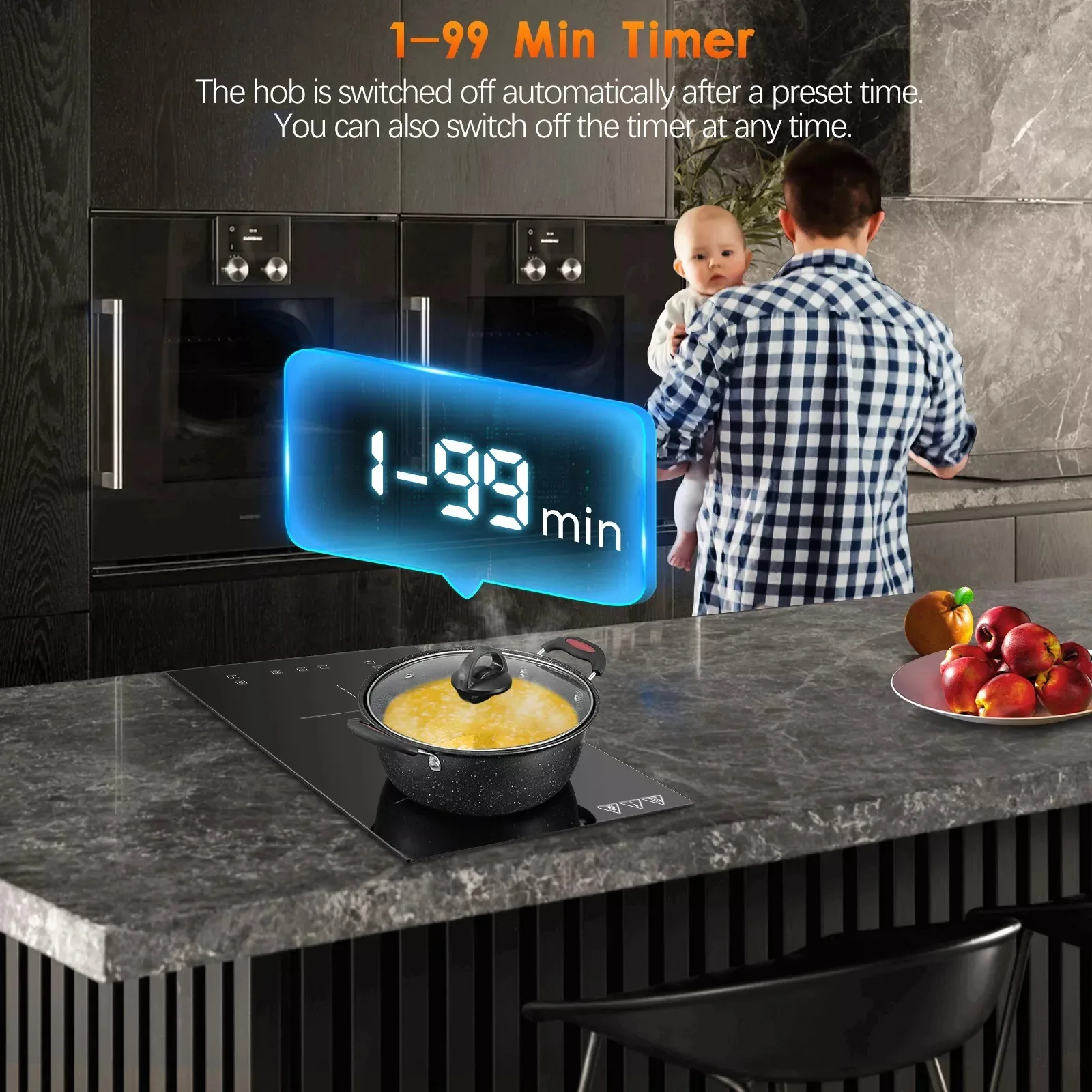 KICHPOWER 30cm 2 plaques 1-99 Min Min Min Min Min Timer Touch Control 3300W Plaque de cuisson à induction