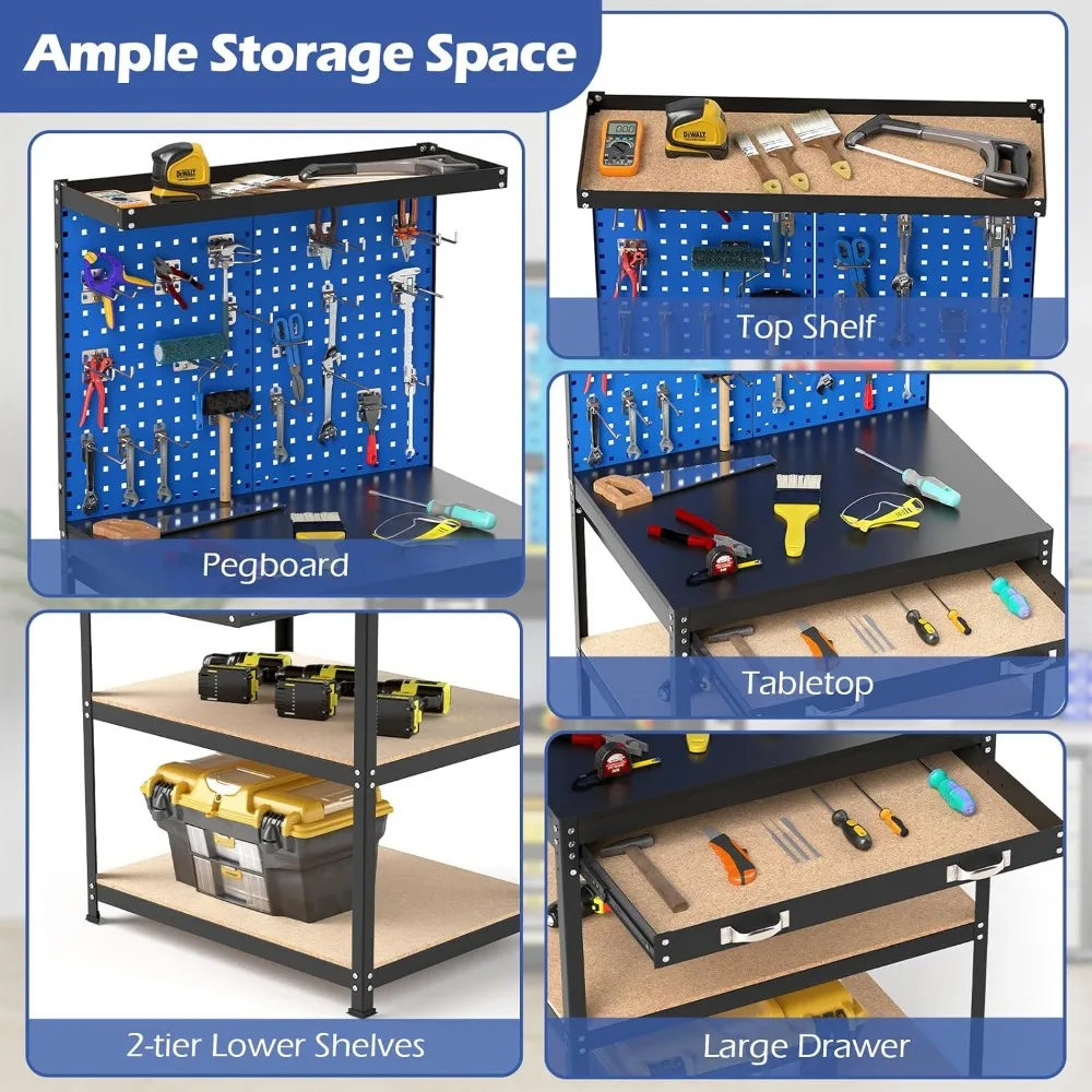 Workbench with Pegboards, 290kg with 4 Shelves 19 Hanging Accessories & Robust Metal Frame 81 X 41 X 156 Cm, Workbenches