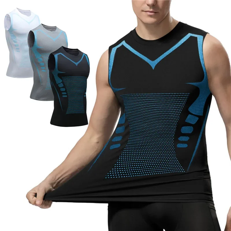 Chaleco moldeador iónico para hombres, chaleco adelgazante de seda helada, camisas de compresión moldeadoras de cuerpo, camiseta sin mangas con Control de barriga, camisas de Fitness