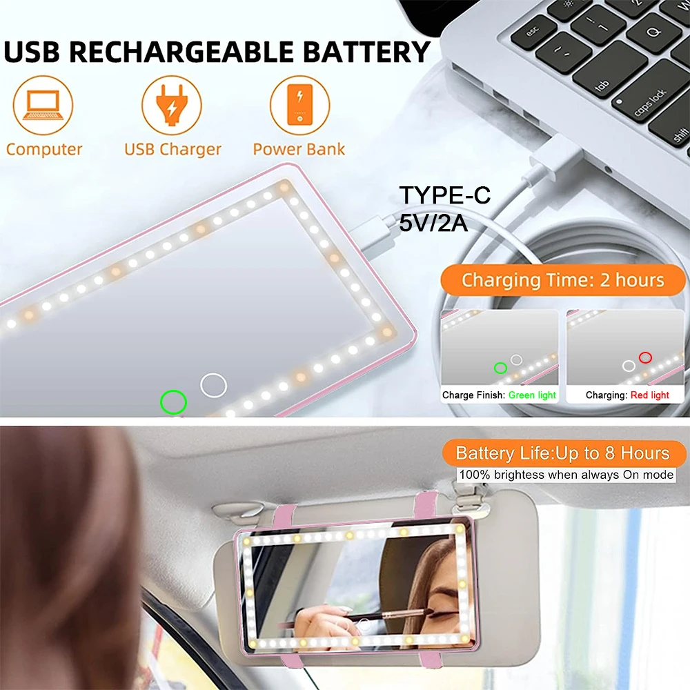 Viseira de sol do carro espelho de vaidade espelho cosmético usb recarregável 3 modos espelho de maquiagem com viseira 60 regulável clip-on leds luz