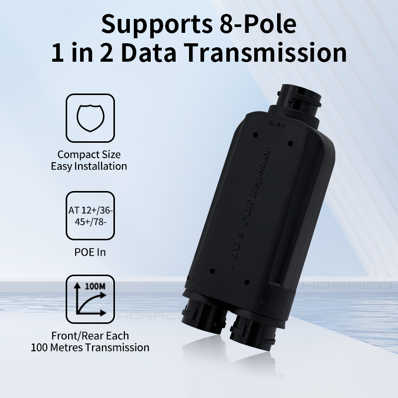 HORACO Repetidor POE à prova d'água de 2 portas IP66 10/100Mbps 1 a 2 Extensor PoE com IEEE802.3af/at 48V externo para câmera comutador POE