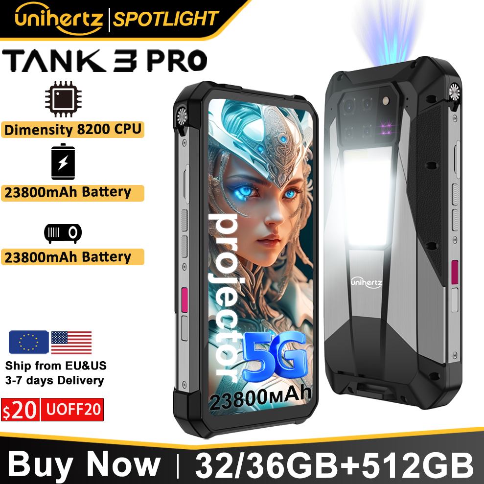 Unihertz tank 3 pro 8849 com projetor de 100 lúmens 120hz, 32gb/36gb ram, 512gb de rom, 23800mah 120w carregador rápido, 5g, câmera de 200mp