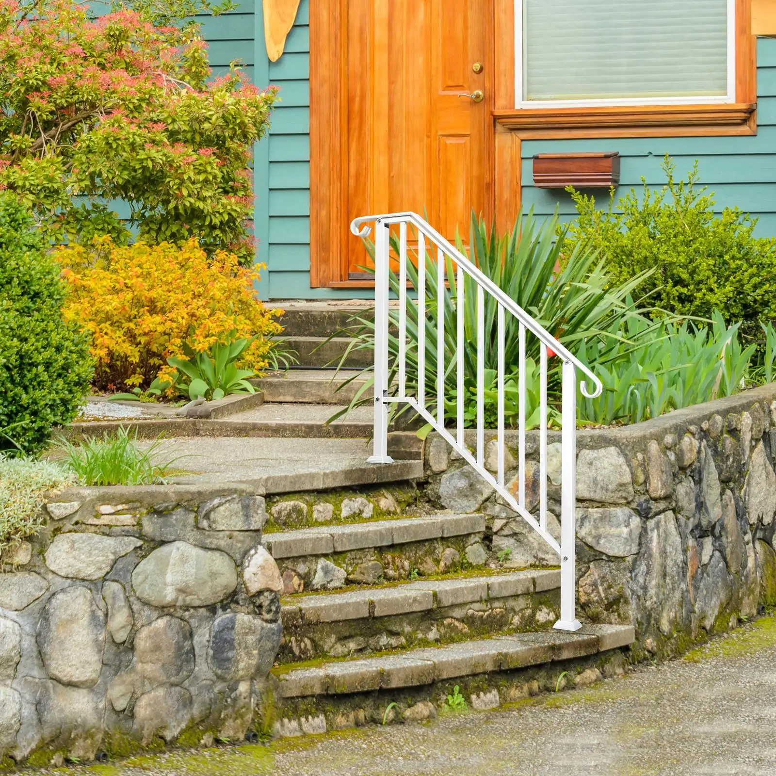 for outdoor Iron Handrail for 3 Steps - Adjustable Handrail with Installation Kit, White Transitional Design