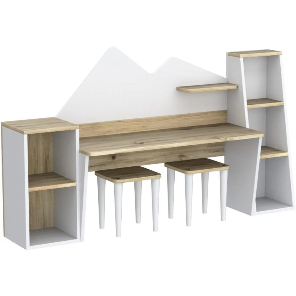 Kid's Study Desk with Bookshelf + 2 Stools, Children Activity Table with Hutch and Shelves, Kids Bedroom Study Desk with Storage