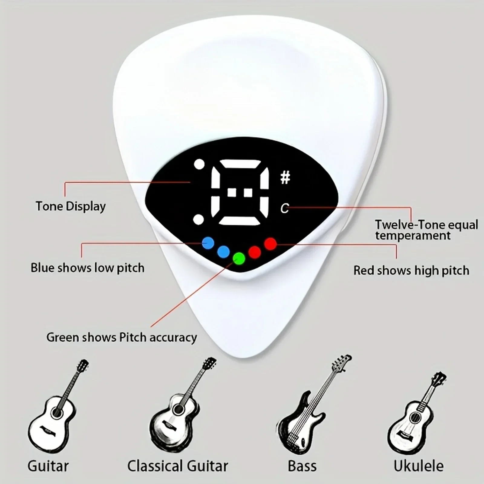 2-in-1 Guitar Pick & Tuner Portable Multi-Purpose Pitch Calibrator for Folk Guitars and Ukuleles 12-Tone Equal Temperament