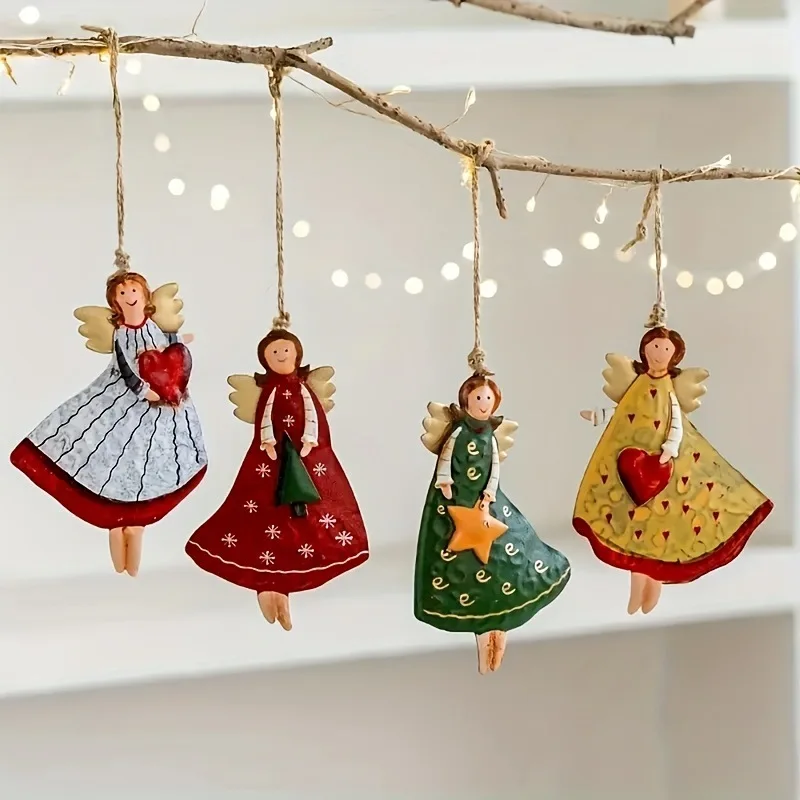 4 unids/set Vintage Ángel decoración colgante fantasía de madera árbol de Navidad adorno colgante 2025 Navidad decoración para el hogar 2026 regalo de Año Nuevo
