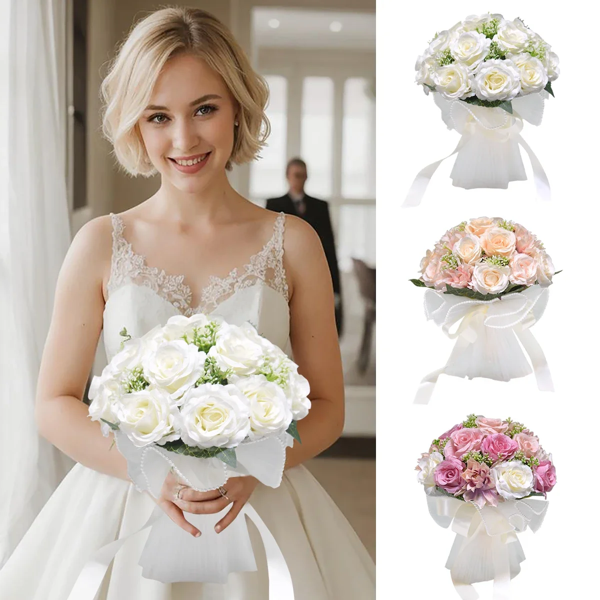 1 STÜCK Hochzeitssträuße für die Braut, weiße Rose, Seidenband, künstlicher Blumenstrauß für Hochzeit, Hochzeitskirche, Perlenspitze, Rosenstrauß