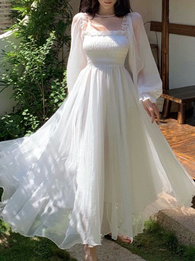 Gaun putih musim gugur wanita Solid A-Line kasual Vintage mode elegan baru gaun panjang pesta pernikahan Prom Vestidos jubah wanita