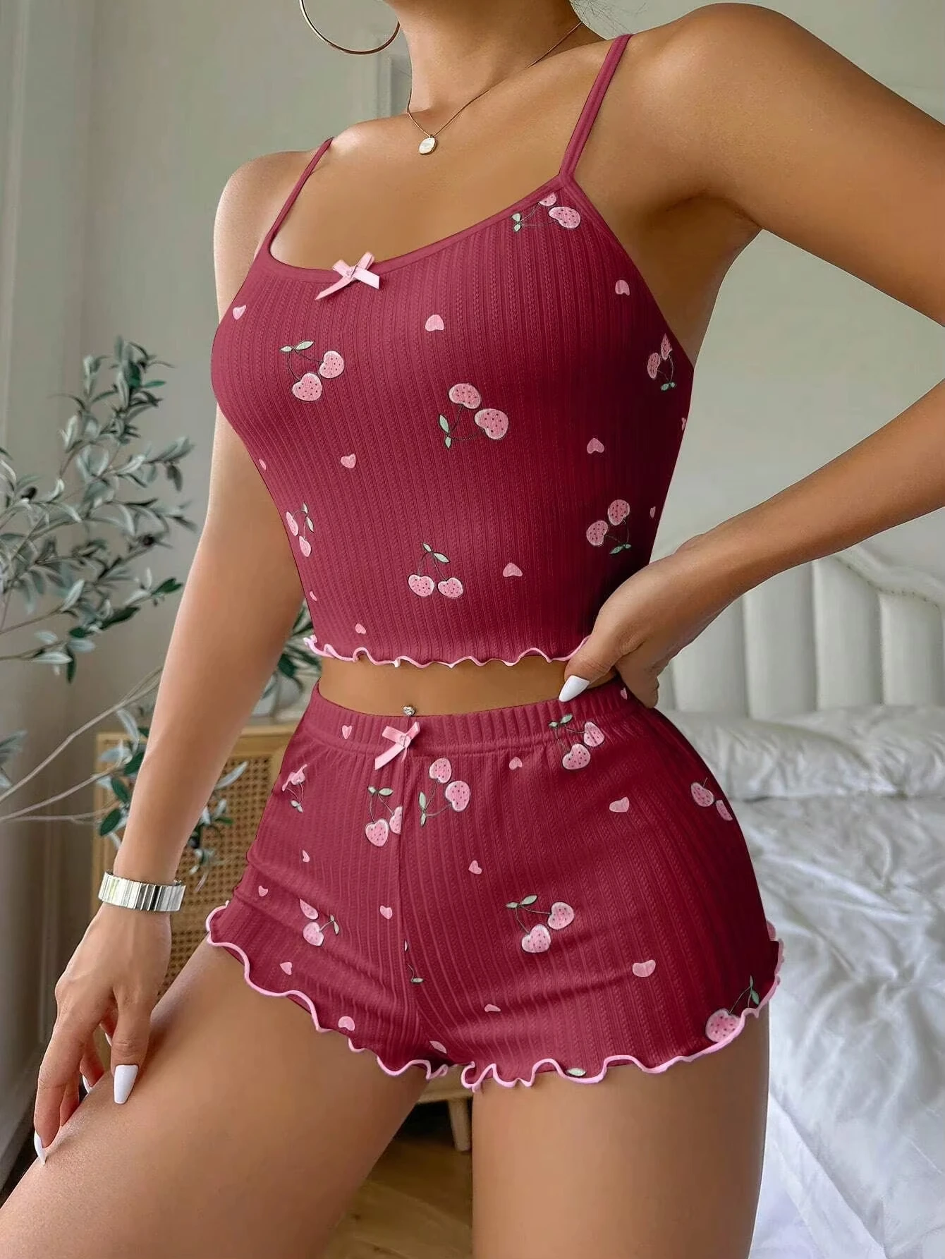 Nachtkleding Dames Zomer Pyjama Set Hartprint Sexy Geribbeld Strik Decor Ronde Hals Backless Crop Cami Top & Shorts Nachtkleding Nieuw
