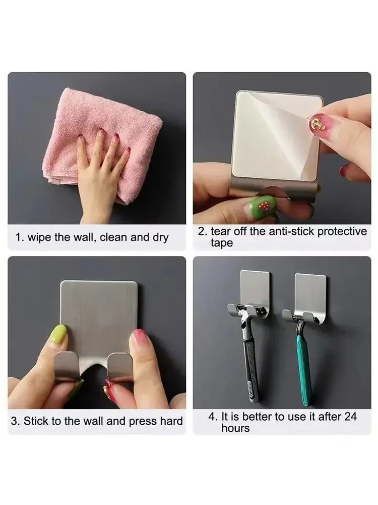Multi-functional Stainless Steel Wall Shaver Holder with Adhesive Storage Hook for Bathroom Shower Accessories